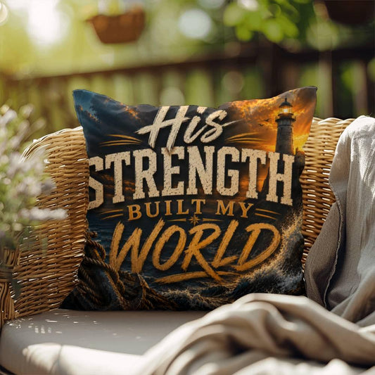 Shop our his strength built my world throw pillow featuring the 18" x 18" style option from MySisterIsASurvivor.