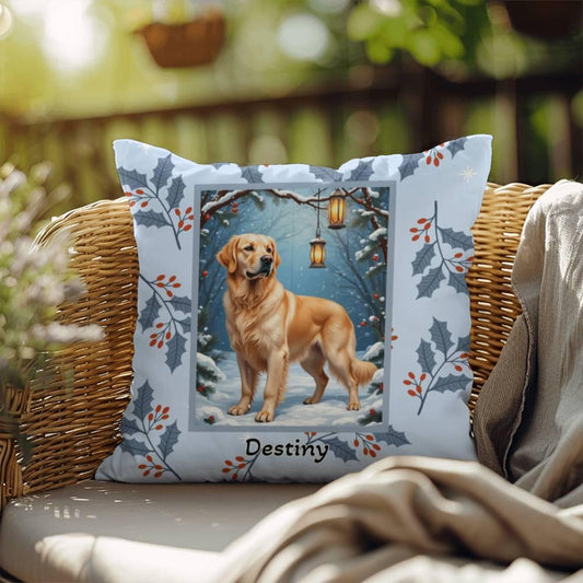 Shop our golden retriever cream winter throw pillow featuring the 18" x 18" style option from MySisterIsASurvivor.