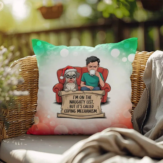 Shop our naughty list guy and dog indoor outdoor pillow featuring the 18" x 18" style option from MySisterIsASurvivor.
