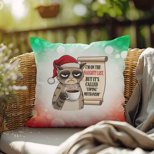Shop our naughty list cat indoor outdoor pillow featuring the 18" x 18" style option from MySisterIsASurvivor.