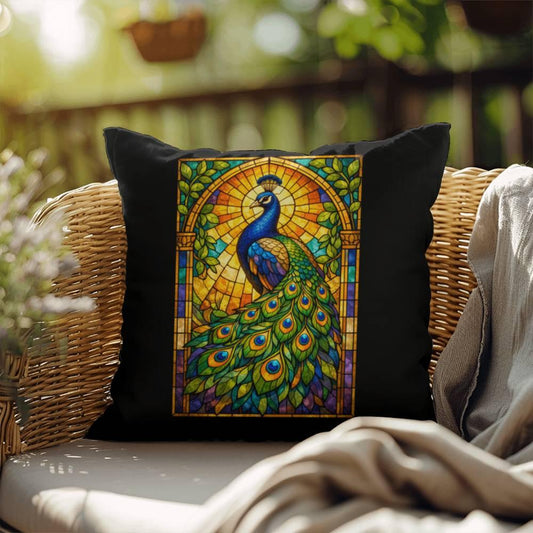 Shop our peacock stained glass style throw pillow featuring the 18" x 18" style option from MySisterIsASurvivor.