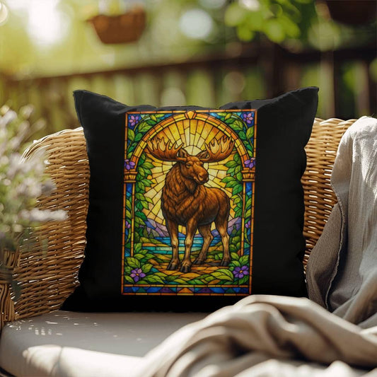 Shop our moose stained glass style throw pillow featuring the 18" x 18" style option from MySisterIsASurvivor.