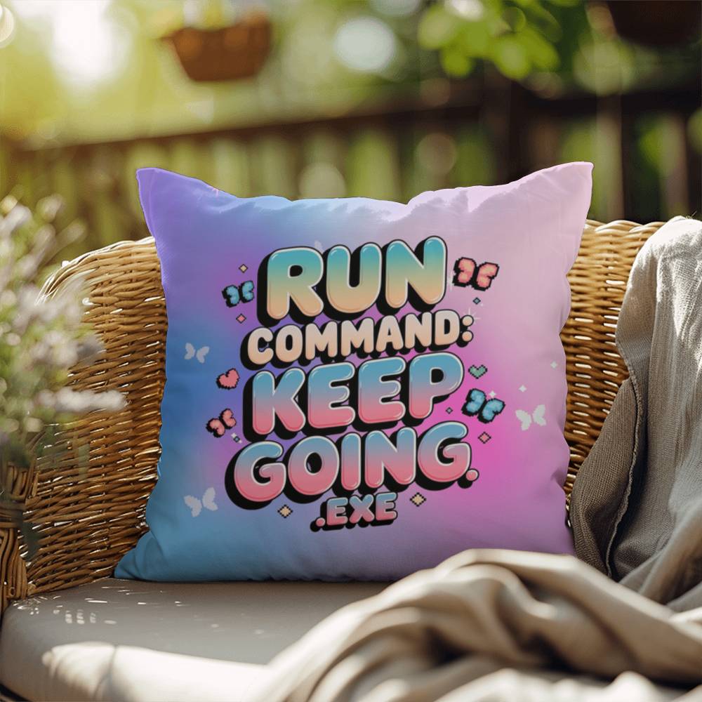Personalized digital-themed pillow reading "Run Command: Keep Going.exe" in vibrant Y2K design, perfect for motivation and mental strength