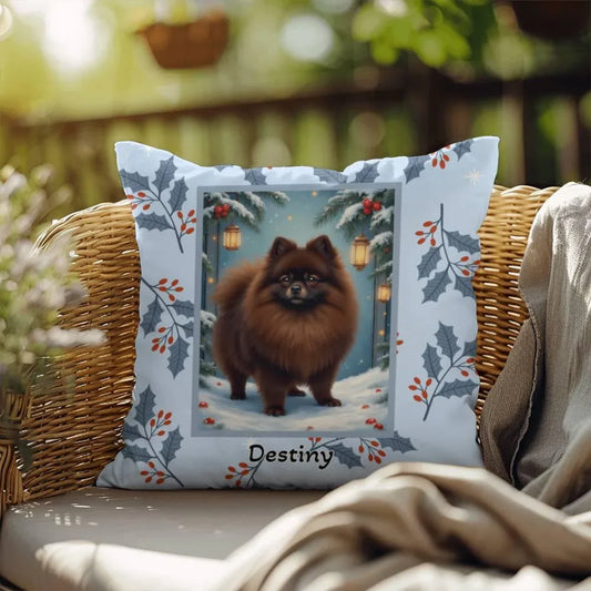 Shop our pomeranian chocolate winter throw pillow featuring the 18" x 18" style option from MySisterIsASurvivor.