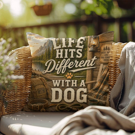 Shop our life hits different with a dog throw pillow featuring the 18" x 18" style option from MySisterIsASurvivor.
