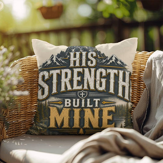 Shop our his strength built mine throw pillow featuring the 18" x 18" style option from MySisterIsASurvivor.
