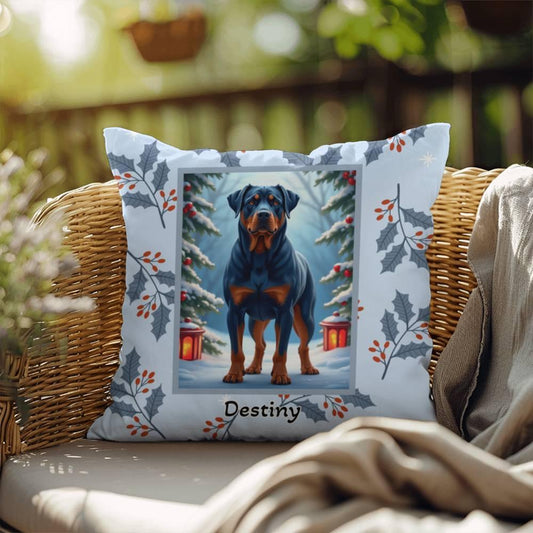 Shop our rottweiler blue winter throw pillow featuring the 18" x 18" style option from MySisterIsASurvivor.