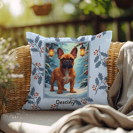 Shop our french bulldog red fawn winter throw pillow featuring the 18" x 18" style option from MySisterIsASurvivor.