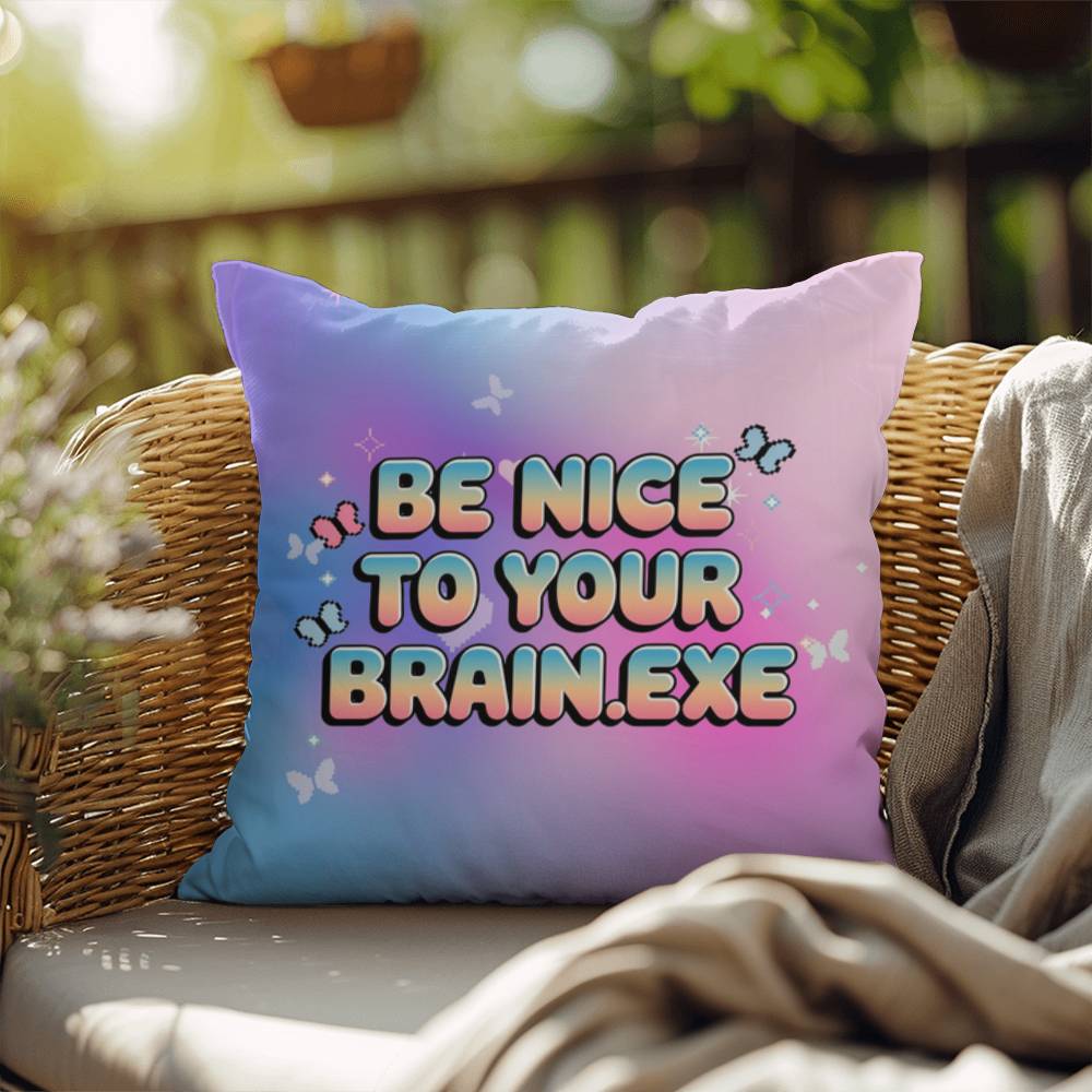 Personalized Y2K affirmation pillow with Be Nice to Your Brain.exe in retro font, accented with sparkles and pastel icons