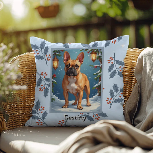 Shop our french bulldog fawn winter throw pillow featuring the 18" x 18" style option from MySisterIsASurvivor.