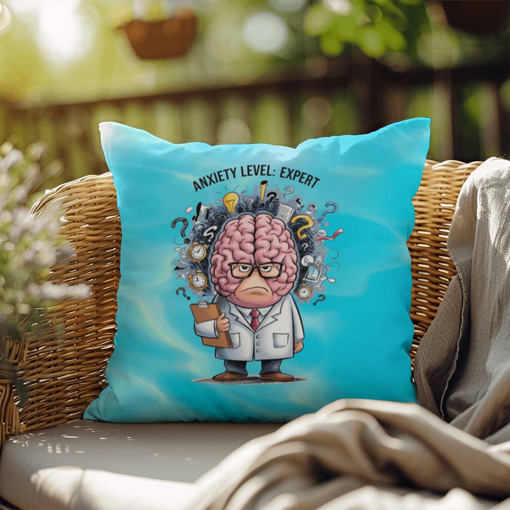 Personalized "Anxiety Level: Expert" indoor/outdoor pillow, mental health decor cushion for self-care and anxiety relief.
