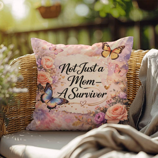 Shop our not just a mom a survivor throw pillow featuring the 18" x 18" style option from MySisterIsASurvivor.