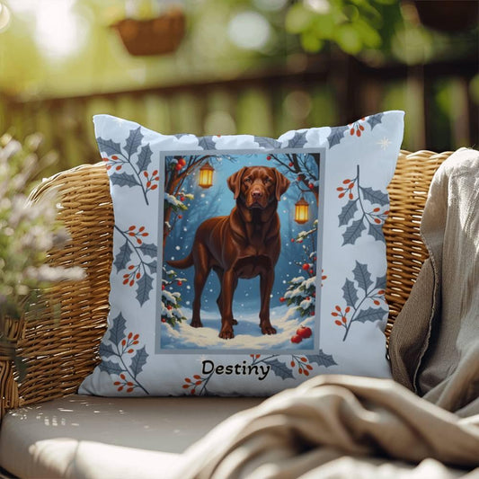 Shop our labrador retriever chocolate winter throw pillow featuring the 18" x 18" style option from MySisterIsASurvivor.