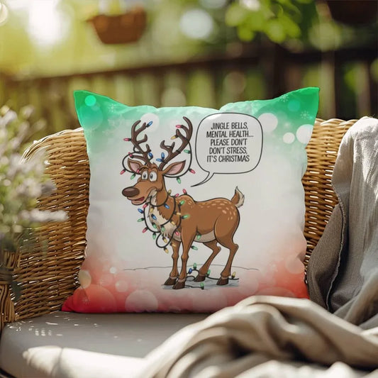 Shop our jingle bells mental health indoor outdoor pillow featuring the 18" x 18" style option from MySisterIsASurvivor.