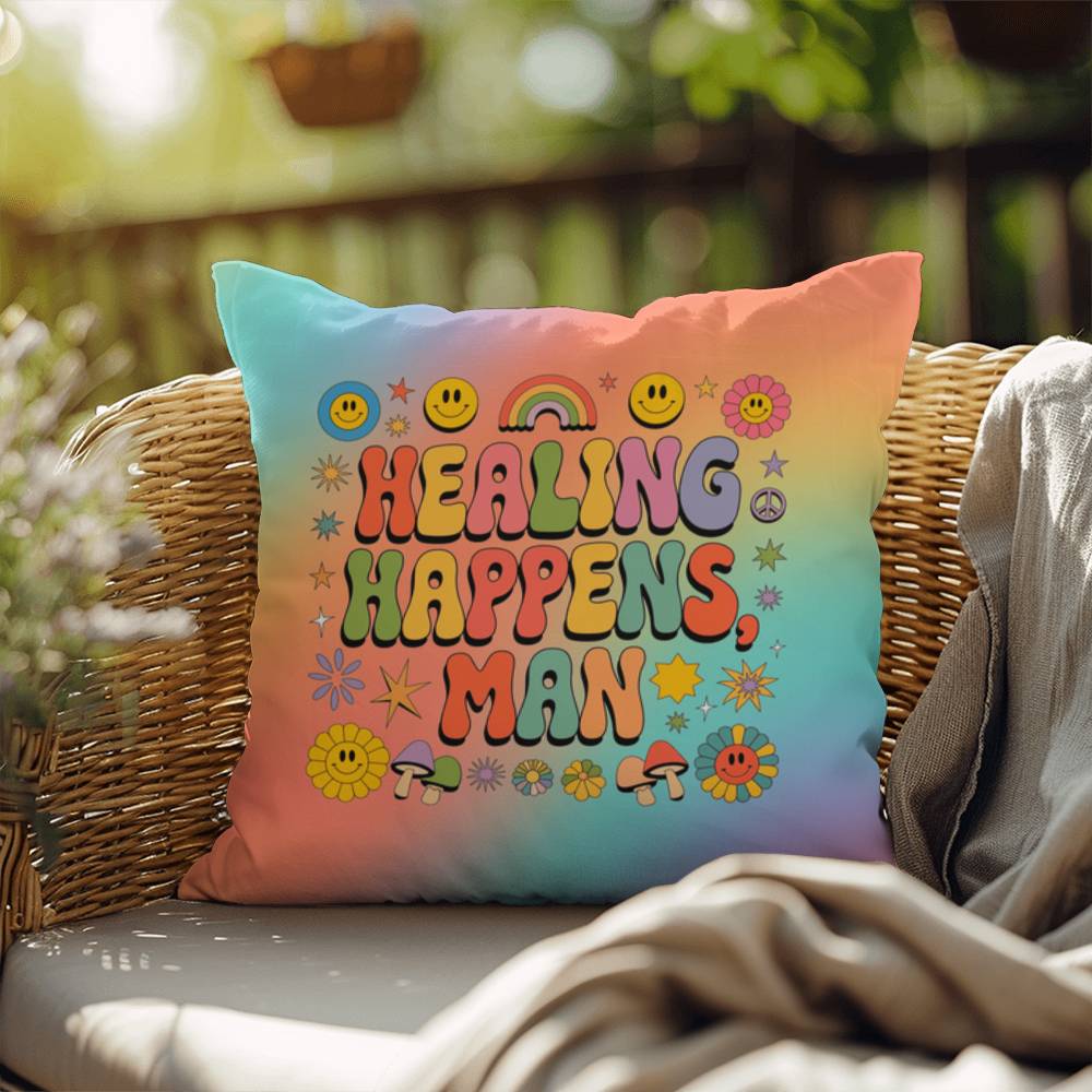 Custom 70s pillow with “Healing Happens, Man” in wavy font and vintage colors, for therapy offices or home wellness spaces