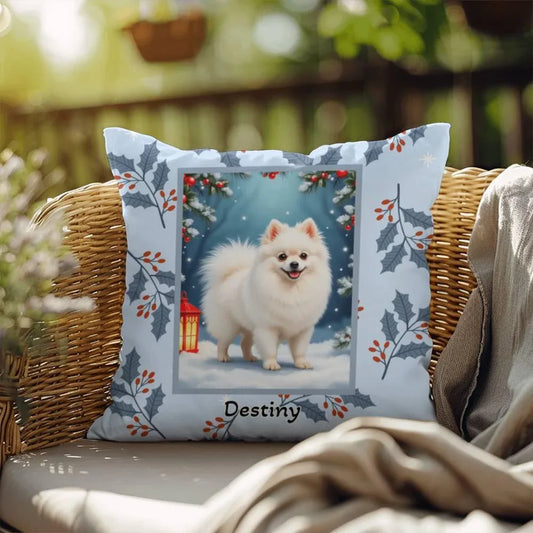 Shop our pomeranian white winter throw pillow featuring the 18" x 18" style option from MySisterIsASurvivor.