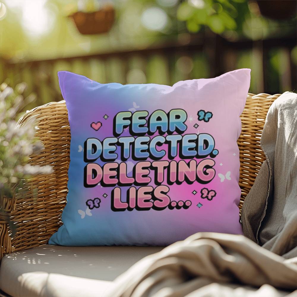 Mental health pillow with Fear Detected. Deleting Lies… in Y2K chrome text, personalized for unique therapy or dorm decor