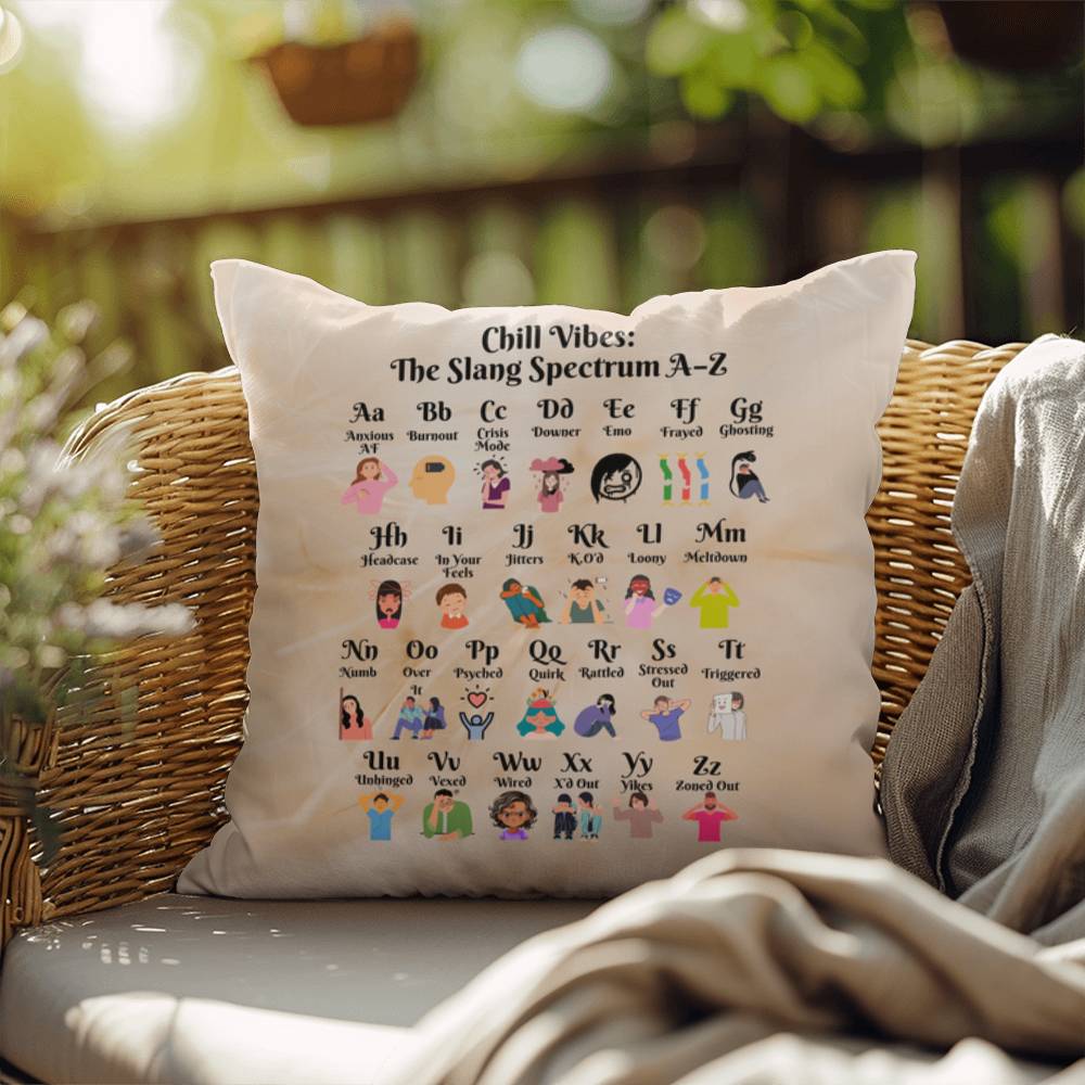 Slang spectrum pillow featuring A to Z mental wellness terms, ideal for emotional support décor