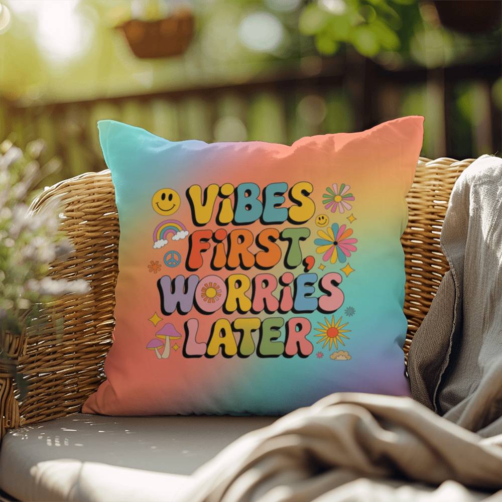 Groovy personalizable pillow with “Vibes First, Worries Later” in upbeat lettering and rainbow tones for peaceful home accents