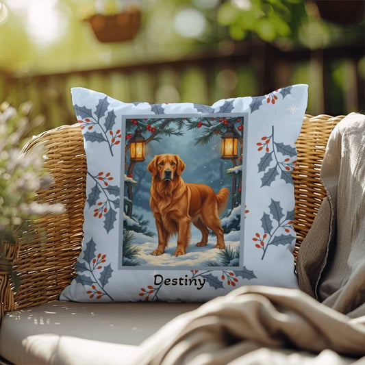 Shop our golden retriever dark golden winter throw pillow featuring the 18" x 18" style option from MySisterIsASurvivor.