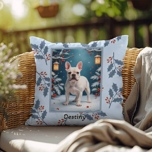 Shop our french bulldog white winter throw pillow featuring the 18" x 18" style option from MySisterIsASurvivor.