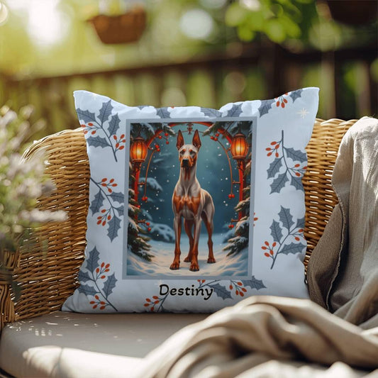 Shop our doberman fawn rust winter throw pillow featuring the 18" x 18" style option from MySisterIsASurvivor.