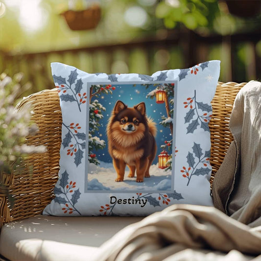 Shop our pomeranian chocolate tan winter throw pillow featuring the 18" x 18" style option from MySisterIsASurvivor.