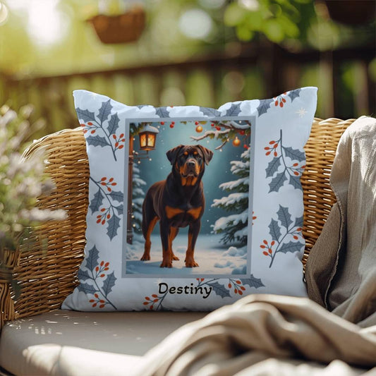 Shop our rottweiler chocolate winter throw pillow featuring the 18" x 18" style option from MySisterIsASurvivor.