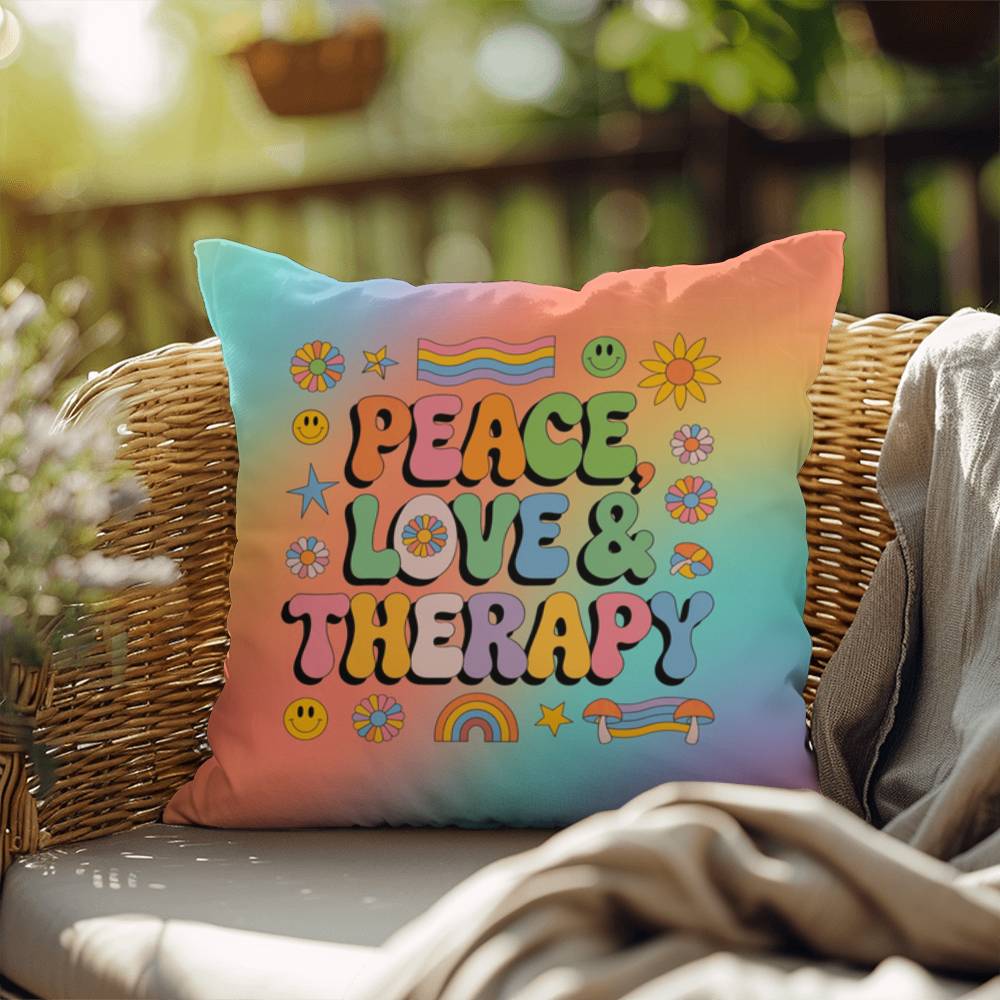 Custom 70s pillow with “Peace, Love & Therapy” in warm vintage colors, great for therapy rooms and healing conversations