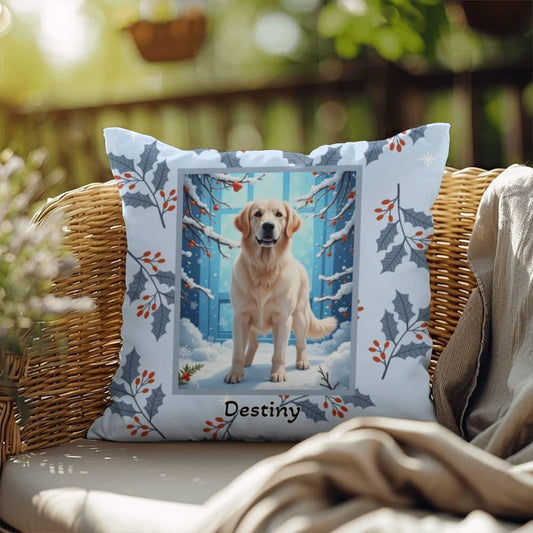 Shop our golden retriever white winter throw pillow featuring the 18" x 18" style option from MySisterIsASurvivor.