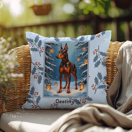 Shop our doberman red rust winter throw pillow featuring the 18" x 18" style option from MySisterIsASurvivor.