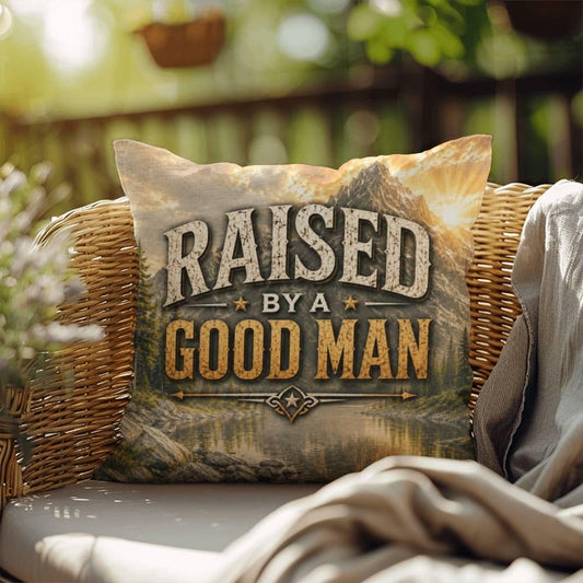 Shop our raised by a good man throw pillow featuring the 18" x 18" style option from MySisterIsASurvivor.