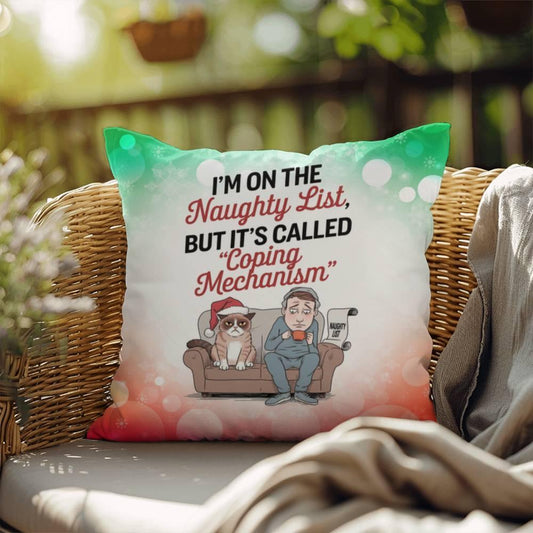 Shop our naughty list man and cat indoor outdoor pillow featuring the 18" x 18" style option from MySisterIsASurvivor.
