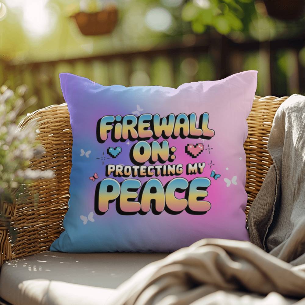 Firewall On: Protecting My Peace affirmation pillow with custom name, decorated with pastel digital elements for a Y2K aesthetic