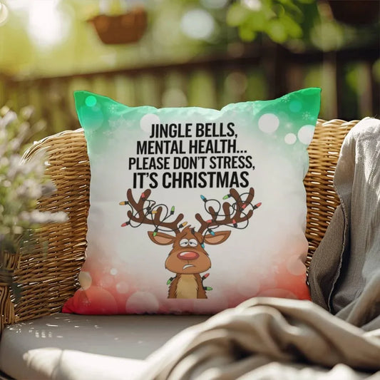 Shop our jingle bells mental health please indoor outdoor pillow featuring the 18" x 18" style option from MySisterIsASurvivor.