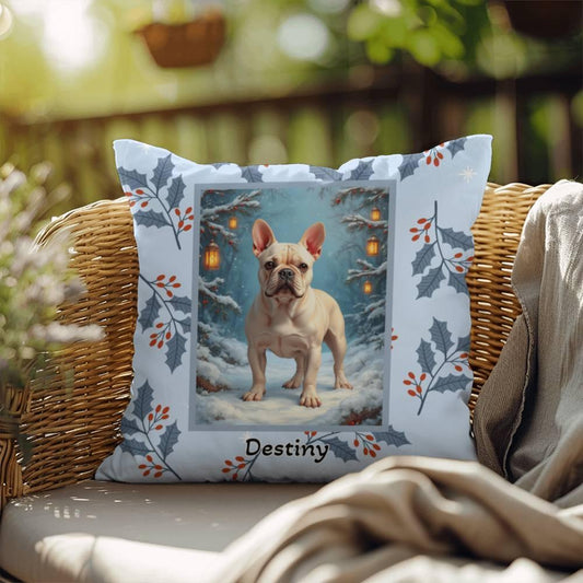 Shop our french bulldog cream winter throw pillow featuring the 18" x 18" style option from MySisterIsASurvivor.