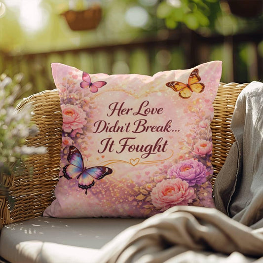 Shop our her love didnt break it fought throw pillow featuring the 18" x 18" style option from MySisterIsASurvivor.