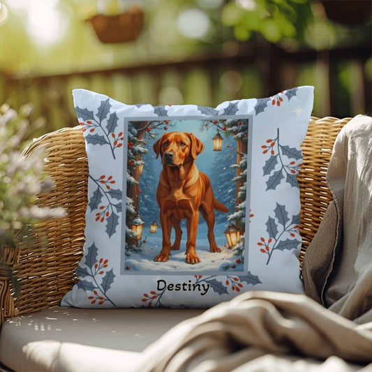 Shop our labrador retriever fox red winter throw pillow featuring the 18" x 18" style option from MySisterIsASurvivor.