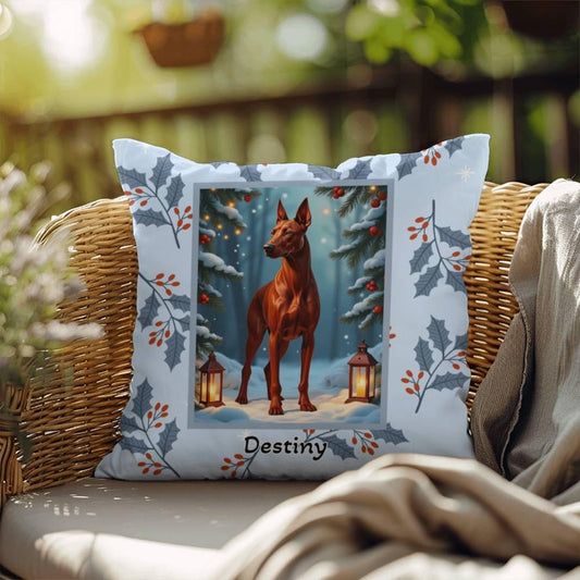 Shop our doberman red winter throw pillow featuring the 18" x 18" style option from MySisterIsASurvivor.