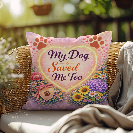 Shop our my dog saved me too throw pillow featuring the 18" x 18" style option from MySisterIsASurvivor.
