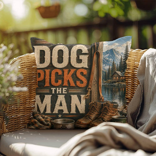 Shop our the dog picks the man throw pillow featuring the 18" x 18" style option from MySisterIsASurvivor.