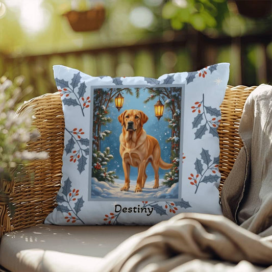 Shop our labrador retriever yellow winter throw pillow featuring the 18" x 18" style option from MySisterIsASurvivor.