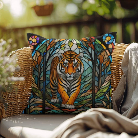Shop our tiger stained glass indoor outdoor pillow featuring the 18" x 18" style option from MySisterIsASurvivor.