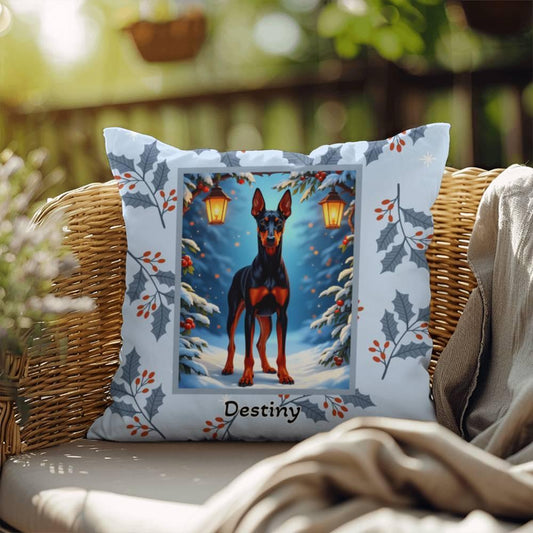 Shop our doberman black rust winter throw pillow featuring the 18" x 18" style option from MySisterIsASurvivor.