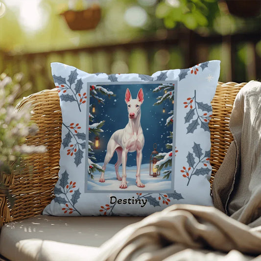 Shop our doberman white winter throw pillow featuring the 18" x 18" style option from MySisterIsASurvivor.