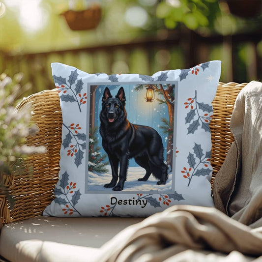 Shop our german shepherd black winter throw pillow featuring the 18" x 18" style option from MySisterIsASurvivor.