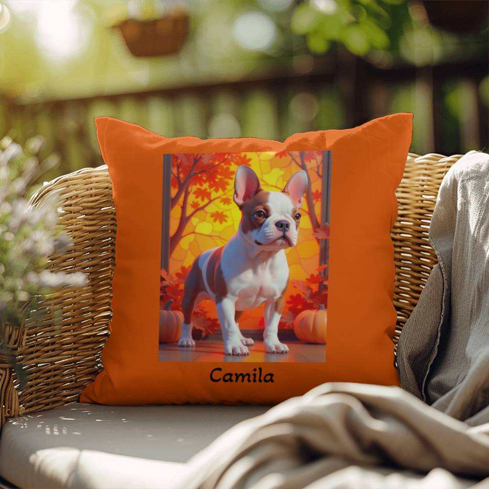 Red Pied French Bulldog pillow, personalized indoor outdoor dog cushion, custom Frenchie decor - MySisterIsASurvivor