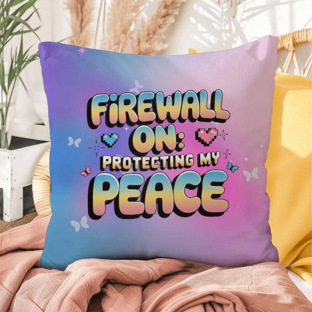 Firewall On: Protecting My Peace affirmation pillow with custom name, decorated with pastel digital elements for a Y2K aesthetic