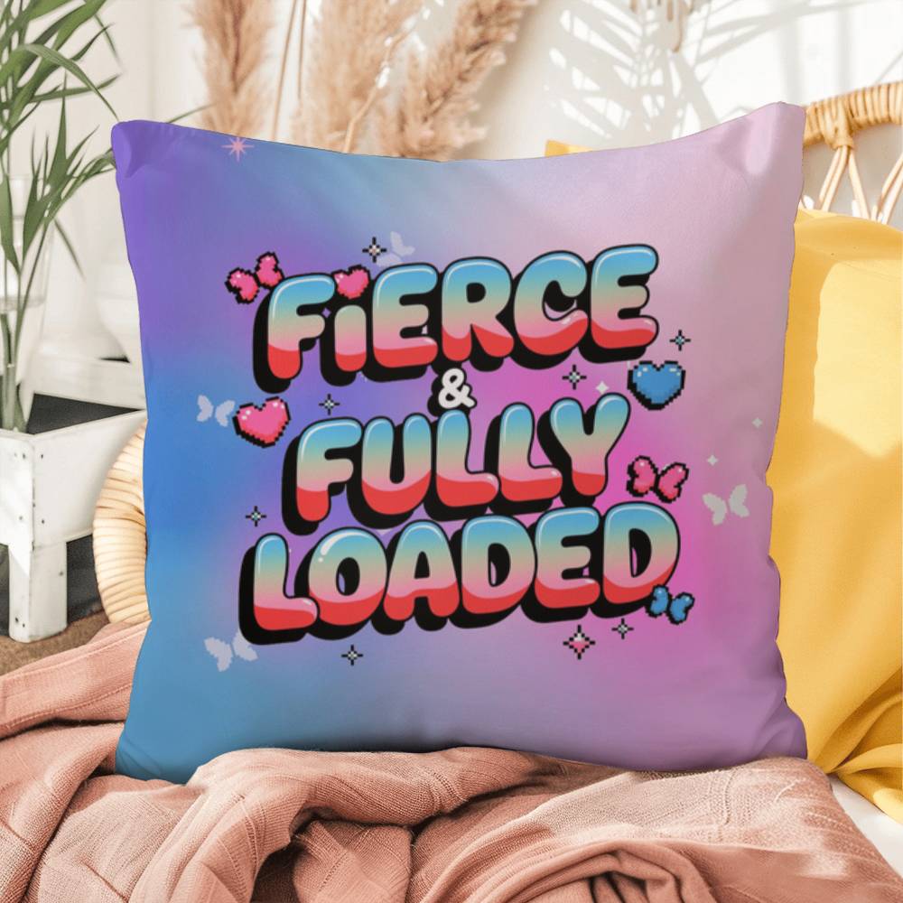 Fierce & Fully Loaded Y2K throw pillow with custom name in bold, futuristic chrome text for empowered self-care vibes