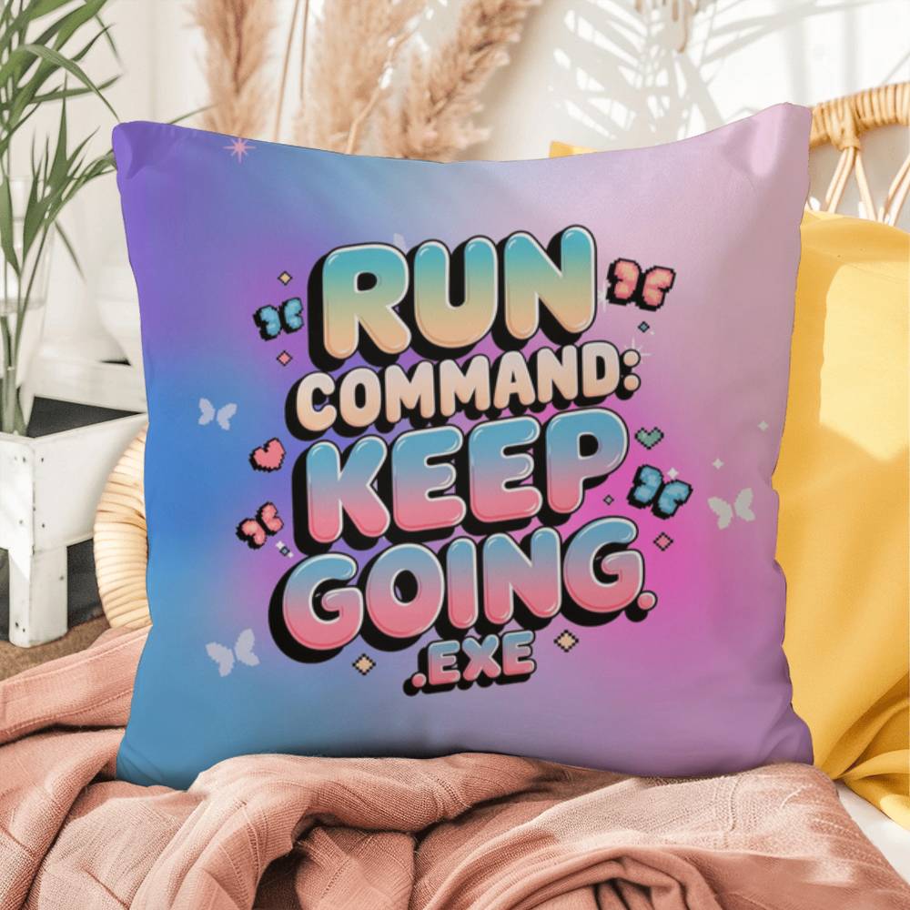 Personalized digital-themed pillow reading "Run Command: Keep Going.exe" in vibrant Y2K design, perfect for motivation and mental strength